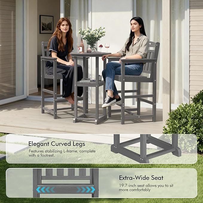 Ciokea Balcony Chairs and Table 3 Pieces Set, Outdoor High Top Bar Set, HDPE Oversized Adirondack Bar Chairs Set of 2 and Round Table for Outside Dining Bistro Poolside Backyard, Grey