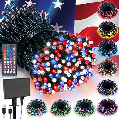 LitHome 100 LED Solar Christmas String Lights Outdoor, 33FT 34Colors Changing Solar/USB Red White Blue Lights Waterproof with Remote, 102 Modes 4th of July Light for Tree Garden Party Holiday Decor