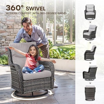 Patio Luxury Conversation Set 6PCS Resin Wicker Swivel Chairs Set, 4 Swivel Patio Chairs with Rattan Side Table and 30in Square Wicker Fire Table Set Grey Wicker|Beige Cushions