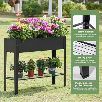 Raised Garden Bed, Elevated Planter Black Metal Plant Box with Legs Standing Garden Stand Drainage Holes Black