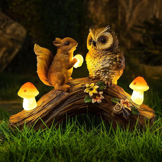 Solar Owl Garden Statues Outdoor Decor Resin Owl Squirrel Figurine with Mushroom Lights for Patio Lawn Yard Decorations Christmas Birthday Housewarming Gardening Gifts for Women Mom