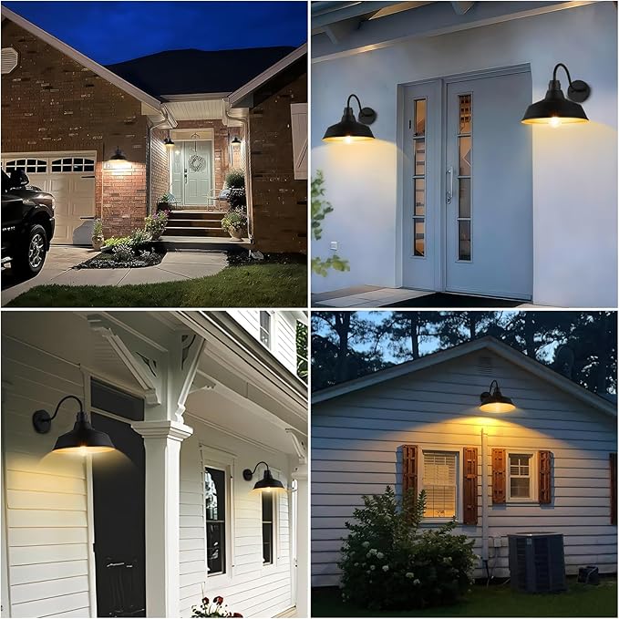 12.4" Dome Gooseneck Barn Light, Outdoor Anti-Rust&Waterproof Farmhouse Wall Sconce, Outdoor Wall Lanterns for Porch/Patio, E26 Base 100W Max(Black 2-Pack Exterior Lighting Fixtures)