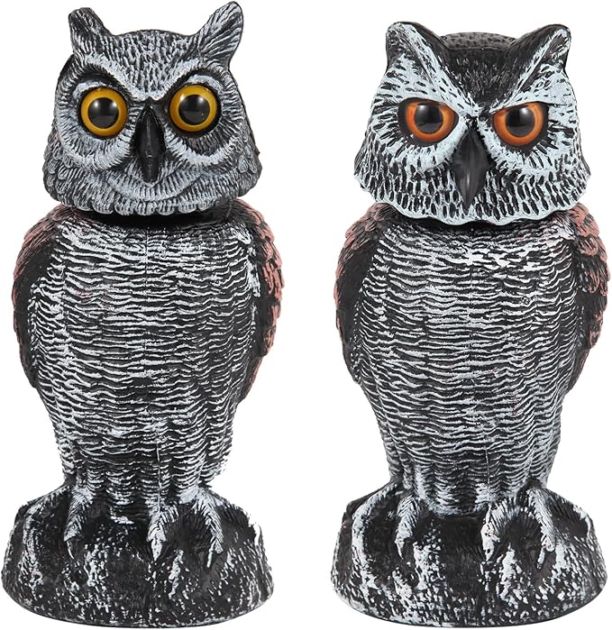 Hedoc 2 Pack Fake Owl Decoys to Scare Birds Away, Rotating Head Bird Deterrents, Nature Enemy Scarecrow Plastic Statues, Pest Repellent for Gardens and Patios