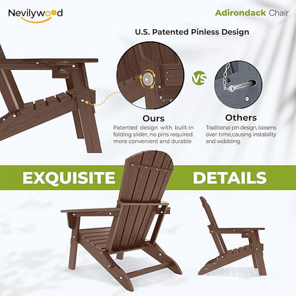 nevilywood Folding Adirondack Chair with Cup Holder, HDPE Patio Chairs, All-Weather Outdoor Chairs for Backyard, Deck, Fire Pit-Coffee