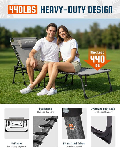 KingCamp Oversized Tanning Chair, Extra-Wide Padded Folding Chase Lounge Chairs Portable Adjustable 5-Position 440lbs Heavy Duty Lounger with Double-Layer Oxford for Outdoor Beach Patio Sun Pool Grey