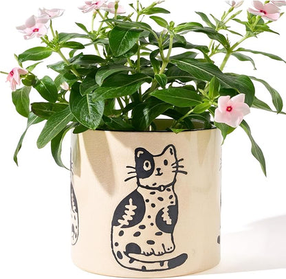 STHIE 5 Inch Ceramic Plant Pots with Drainage Holes, Small Round Flower Pots for Indoor Plant, Unique Animal Flower Planters (Cat)