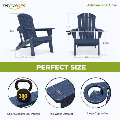 nevilywood Folding Adirondack Chair with Cup Holder Set of 4, HDPE Patio Chairs,All-Weather Outdoor Chairs for Backyard, Deck,Fire Pit-NavyBlue