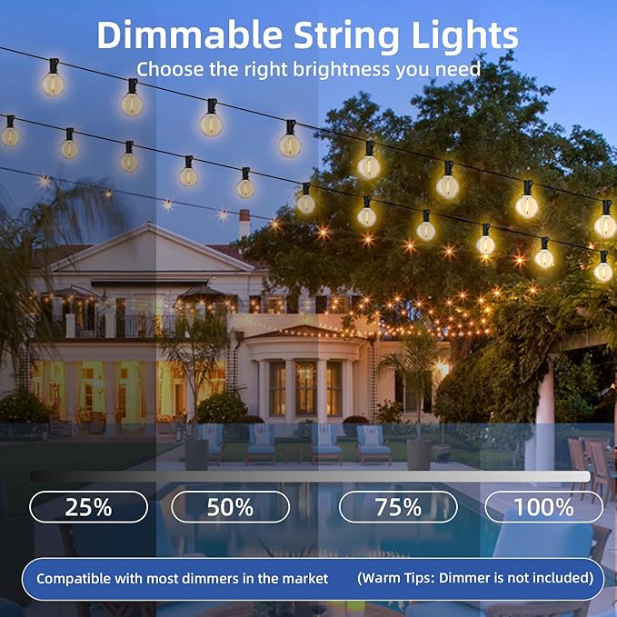 106Ft Outdoor String Light: G40 Waterproof Patio Lights with 12+1 Shatterproof Globe Bulbs-Connectable Hanging Christmas Lights for Backyard, Porch, Deck, Balcony, Garden, Home Decor