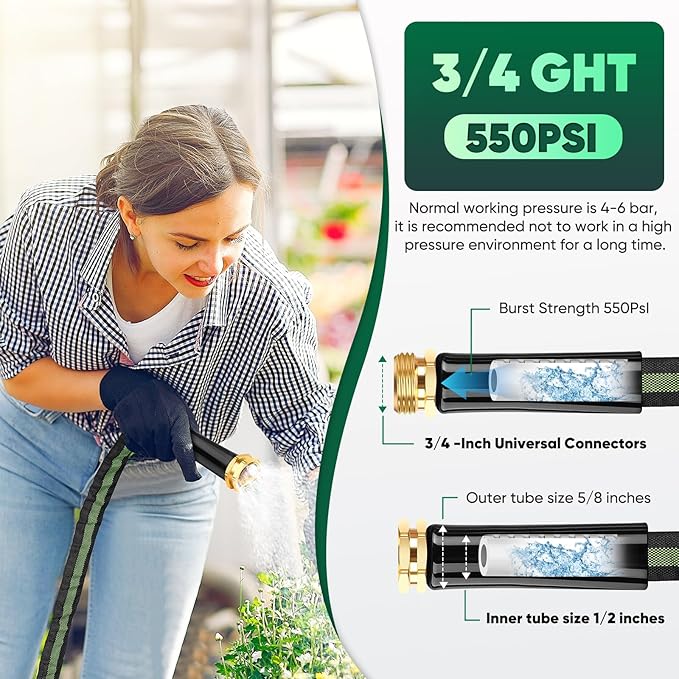 Garden Hose 100ft, Non-Expanding Water Hose, 8 Function Nozzle, Flexible Ultra-Light, Anti-Kink, Wear-Resistant, Portable, Easy Storage, Hose with 3/4 for Outdoor, Garden, Yard and Lawn, Black Green