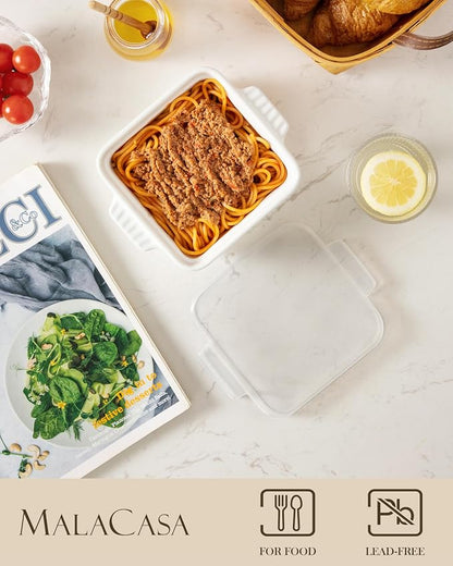 MALACASA Baking Dishes for Oven, Small Ceramic Baking Dishes with Silicone Lids for Individual Portions 5.5" x 5.5" Square Casserole Dishes Set of 2 Oven Microwave, and Air Fryer Safe, White