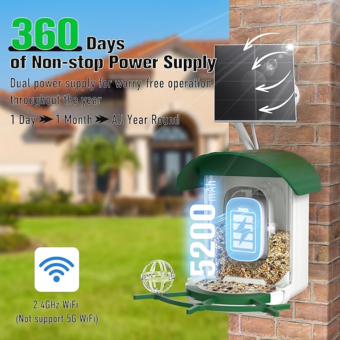 Bird Feeder with Camera 3W Solar Powered Panel: 2.4Ghz WiFi Hummingbird Feeders for Outdoors with AI Identify Auto Capture, 2K Live View, Instant Arrival Alerts, Gift for Bird Lovers (Green)
