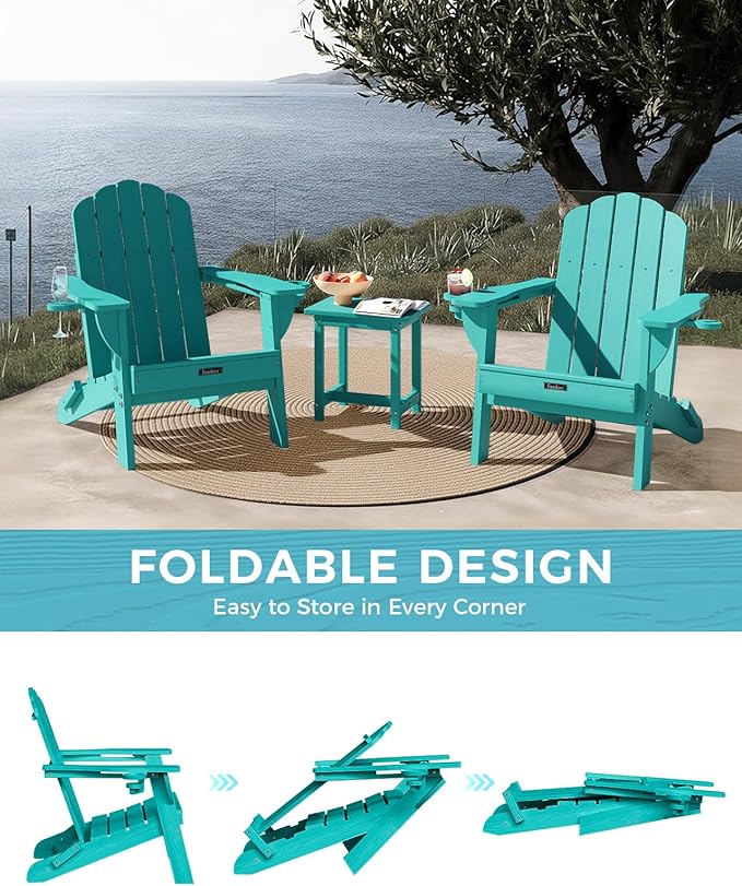 Adirondack Chairs Set of 4, Foldable Adirondack Chairs with 2 Cup Holder, Wood Texture HDPE Fire Pit Chairs, Outdoor Lawn Chair for Patio Garden, Lake Blue