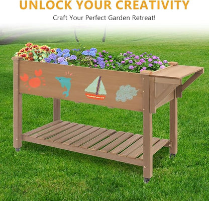 Raised Garden Bed with Lockable Wheels Mobile Elevated Wood Planter,Storage Shelf, Protective Liner,55.5x24x32in (Brown)