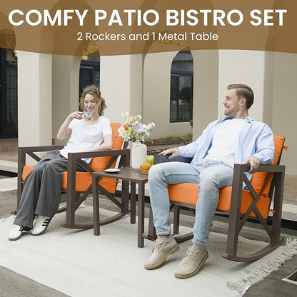 UDPATIO Rocking Chair Outdoor Set 2 with Coffee Table, 3 Piece Metal Rocking Bistro Set with 6.5" Water-Resistant Cushions, Oversized, 350lbs Heavy-Duty, for Porch, Patio, Balcony, Orange