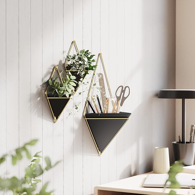 Umbra Trigg Hanging Planter Vase Wall Decor, Pot and Container for Succulents, Cactus, Faux Plants, and More, Large, Black/Brass