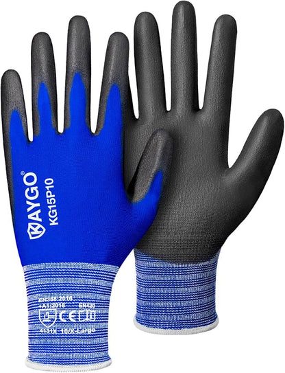 KAYGO Work Gloves PU Coated-12 Pairs, KG15P,Nylon Lite Polyurethane Safety Work Gloves, Gray Polyurethane Coated, Knit Wrist Cuff,Ideal for Light Duty Work (X-Large, Blue)