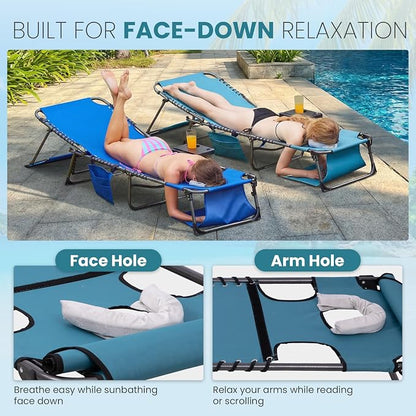 FUNDANGO 400lbs Heavy Duty Tanning Chair with Face Hole & Canopy, Cyan | Face Hole & Canopy, 400lbs Capacity, Side Table, 5-Position Sun Lounger, Anti-Pinch Safety Lock