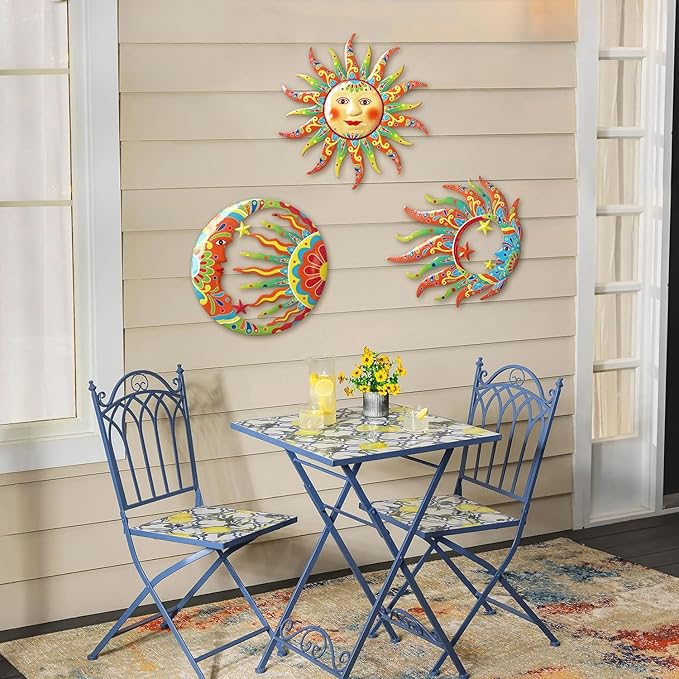 VividLadybug Metal Sun Moon Wall Art Decor,set of 3,Vivid Sun Moon Metal Wall Decor,Colorful Sun Face Sculptures, Indoor Outdoor Wall Decor Fence Garden Courtyard Decoration,wall art decor,hanging decor