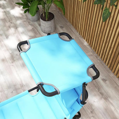 Outsunny 2 Pieces Outdoor Lounge Chair, Adjustable Backrest Folding Chaise Lounge, Cushioned Tanning Chair with Sunshade Roof & Pillow Headrest for Beach, Camping, Hiking, Light Blue