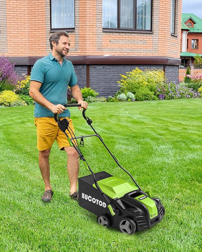 2-in-1 Electric Dethatcher and Scarifier, 13-Inch Raking & Scarifying, Turf Dethatcher & with 4-Position Height Adjustment, 14.5 gal Removable Thatch Bag for Lawn Health
