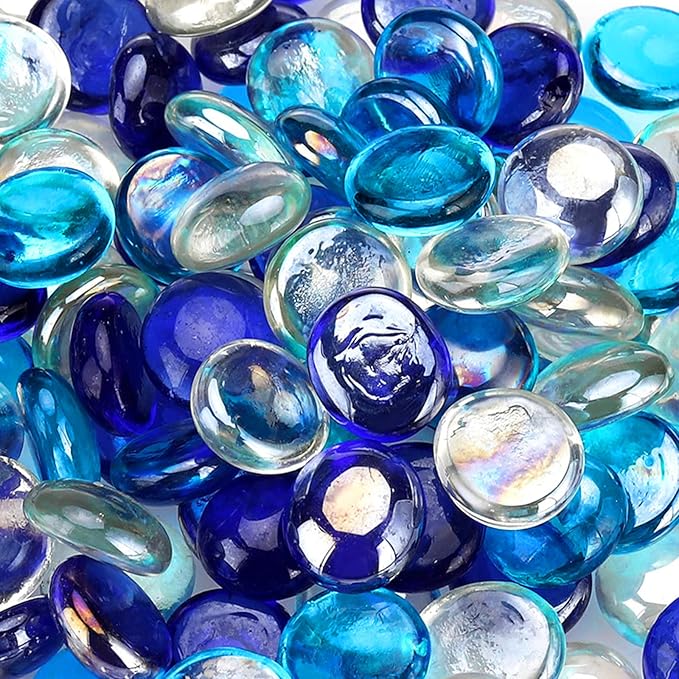 onlyfire 10 Pounds Fire Glass Beads for Propane Fire Pit and Gas Fireplace, 1/2 Inch Round Blended Firepit Glass Rocks Flat Marbles for Fire Pit Table, Cobalt Blue Crystal Ice and Caribbean Blue