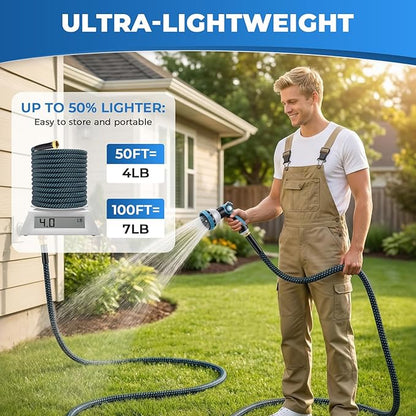 Non-Expandable Garden Hose – Ultra Lightweight & Leak-Proof Kink-Free Water Hose with 10-Function Spray Nozzle – Wear-Resistant Hybrid Hose for Yard, Lawn, Car Wash & Outdoor Use – 50 ft
