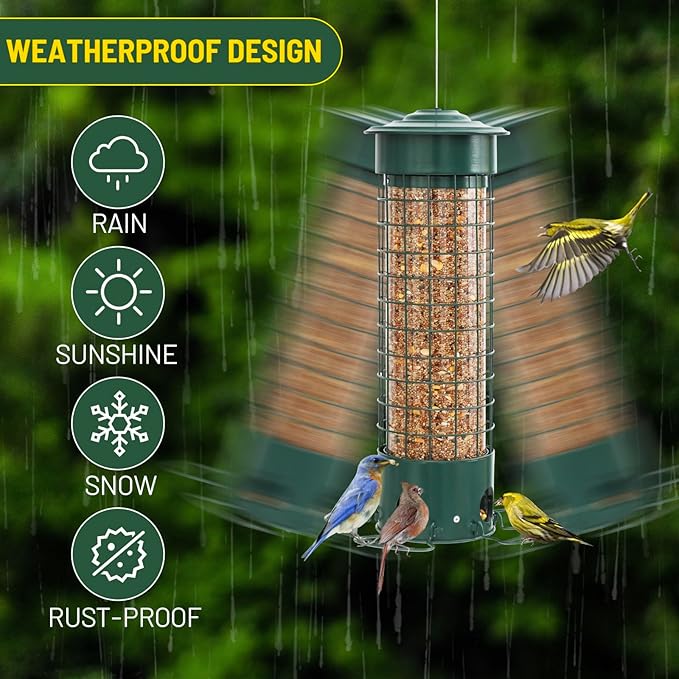 Squirrel Proof Bird Feeder, Weight Activated Outdoor Hanging Metal Bird Feeder, Bite Proof, Weatherproof, Durable, Suitable for Chickadees, Goldfinches, Cardinals, 4.4LB Large Capacity, Green