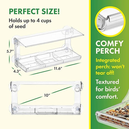 D.F. Omer Window Bird Feeder with 3 Section Tray and Roof Cover, Weatherproof Outdoor Suction Cup Hanger Acrylic Plastic Bird Feeder , Clear