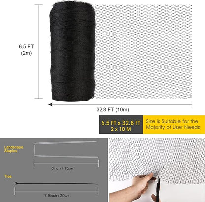 Bird Netting for Garden - 6.5 x 32.8 FT Heavy Duty Anti Bird Netting Mesh with Ties and Landscape Staples for Vegetable, Fruit Trees & Other Plants, Lasting Against Birds Deer Squirrels and Poultry
