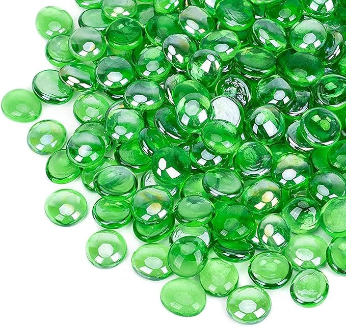 onlyfire Flat Fire Glass Beads for Propane Fire Pit, 1/2 Inch Reflective Firepit Glass Rocks 10 Pounds Flat Marbles for Gas Fireplace and Fire Pit Table, Emerald Green