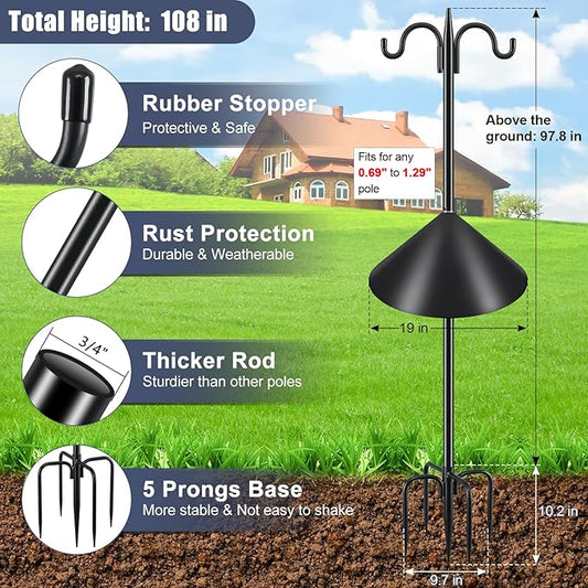 Gtongoko Squirrel Proof Bird Feeder Pole, 108 Inch Double Shepherds Hook with 19 Inch Squirrel Baffle, Heavy Duty Adjustable Outdoor Bird Feeder Stand with 5-Prong Base for Garden, Plants, Black