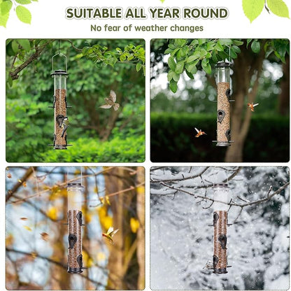Metal Bird Feeder Tube Hanging Wild Bird Seed Feeder Aluminum Six Port Bird Feeders,1.4 mm Extra Thick Solid Tube Transparent with Steel Hanger Great for Attracting Birds (Coffee 2PK)