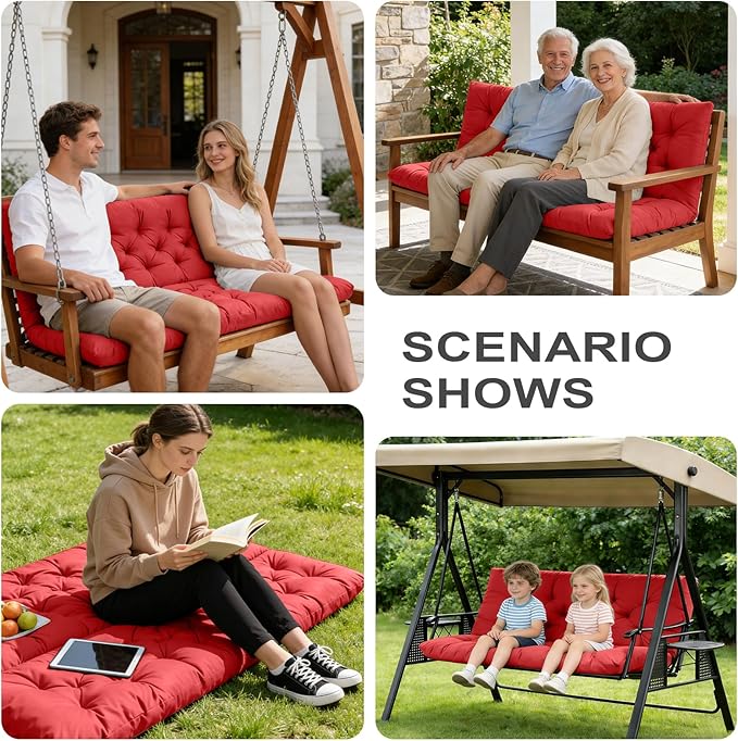 Porch Swing Cushions,Outdoor Cushions 3 Seater Replacement with Backrest, Waterproof Thickened Bench Cushion with Ties for Porch, Patio,Outdoor, Backyard and Garden (Red 60 * 40 in)