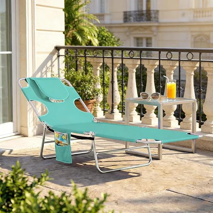 Lounge Chair Outdoor, 5-Position Adjustable Sun Tanning Chair with Carrying Handle and Side Pocket, Folding Bed Cot with Removable Pillow for Garden, Beach, Patio, Pool (1, Light Green)