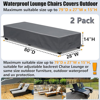 Waterproof Patio Lounge Chair Cover 2 Pack Outdoor Chaise Lounge Covers 600D Weather Resistant Material, UV Protection, Windproof Design Outside Furniture Covers 80" x 28" x 14" H,Grey