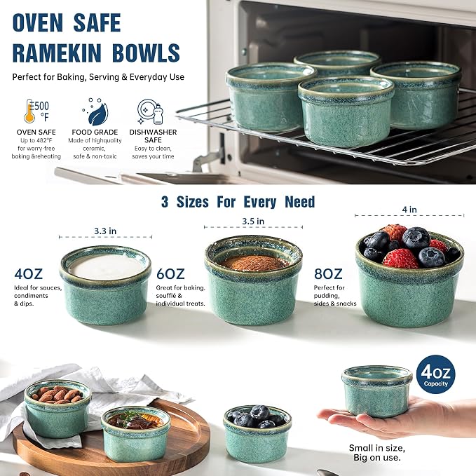 Ramekins 4 oz Oven Safe, Creme Brulee Ramekins, Pudding Custard Cups, Souffle Dishes, Small Ceramic Dipping Sauce Bowls Set of 4 - Moss Green