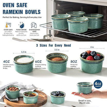 Ramekins 4 oz Oven Safe, Creme Brulee Ramekins, Pudding Custard Cups, Souffle Dishes, Small Ceramic Dipping Sauce Bowls Set of 4 - Moss Green