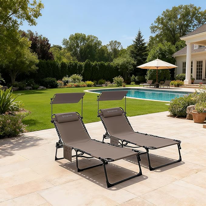KingCamp Tanning Chair with Face Hole, Lounge Chairs Outdoor Folding Portable Comfy Adjustable 5-Position Foldable Chaise Chaser with Canopy Shade for Outside Beach Patio Sun Bathing, Beige