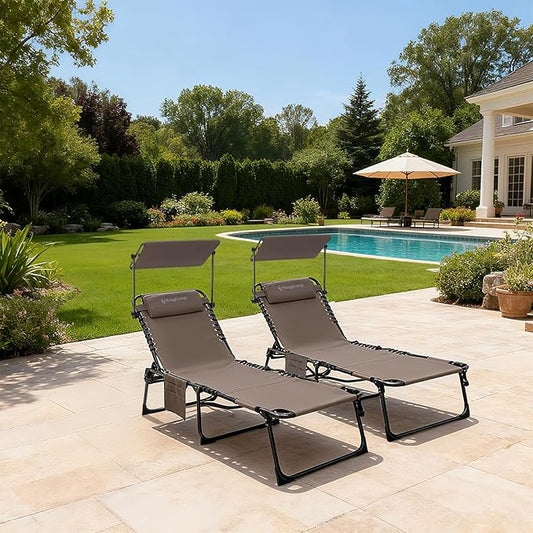 KingCamp Tanning Chair with Face Hole, Lounge Chairs Outdoor Folding Portable Comfy Adjustable 5-Position Foldable Chaise Chaser with Canopy Shade for Outside Beach Patio Sun Bathing, Beige