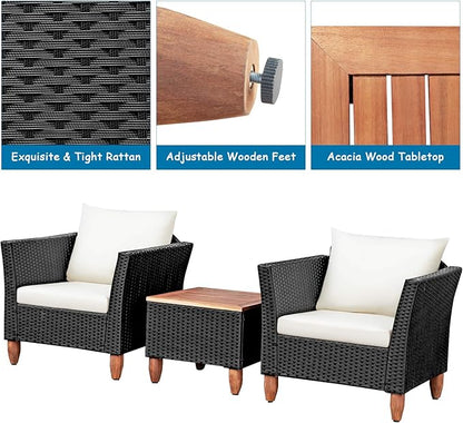 COSTWAY 3 Pieces Patio Rattan Furniture Set, Outdoor Wicker Conversation Chairs Set with Acacia Wood Coffee Table & Washable Cushion, Porch Furniture Bistro Set for Balcony, Garden, Backyard, White