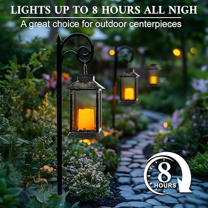 Metal Solar Lanterns Outdoor Waterproof, Hanging Solar Flickering Flame Lights Outdoor for Front Porch Decor, Outdoor Patio, Garden,Balcony,Porch, Christmas, Fall Decor, 2 Pack (Bronze Black)