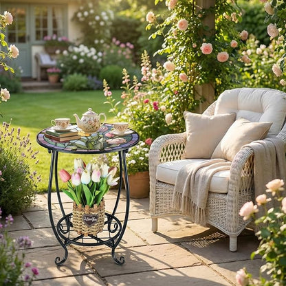 Cinnvoice Outdoor Side Table Round Small Mosaic Patio Accent Indoor End Plant Coffee Tea Table for Yard Patio Porch Garden Living Room, Bedroom(Tulip Style,14 Inch)