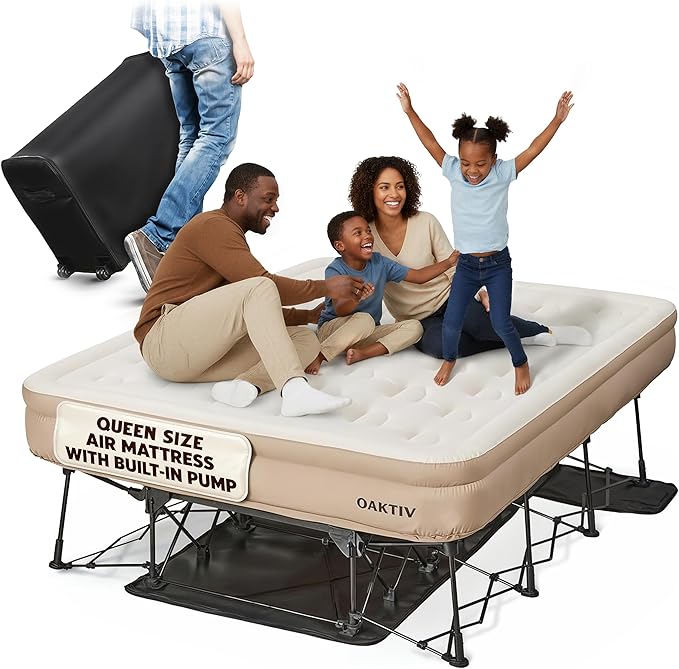 Queen Air Mattress with Frame, Self Inflating/Deflating Bed for Adults - PeakRest Blow Up Bed, Camping Cot with Mattress for Adults - Portable Queen with Travel Rolling Case on Wheels