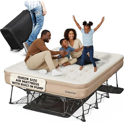 Queen Air Mattress with Frame, Self Inflating/Deflating Bed for Adults - PeakRest Blow Up Bed, Camping Cot with Mattress for Adults - Portable Queen with Travel Rolling Case on Wheels