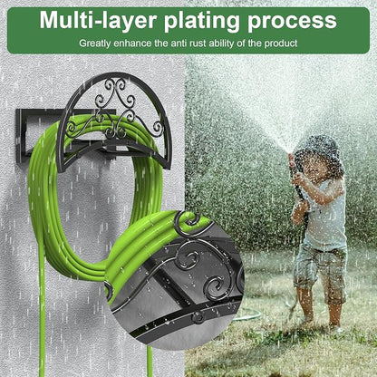 OLV Garden Hose Holder, Heavy Duty Water Hose Holder Wall Mount Holds 125-ft Water Pipe, Decorative Detachable Metal Hose Hanger Storage Organizer Reel Rack for Outside Lawn Yard Farm, Black