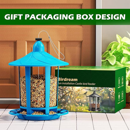 Birdream Bird Feeders for Outdoor Hanging, Assembly Required, 1-Min Easy Setup, Charming Castle Design, Attracting Cardinals Chickadees Goldfinches & Sparrows - Blue