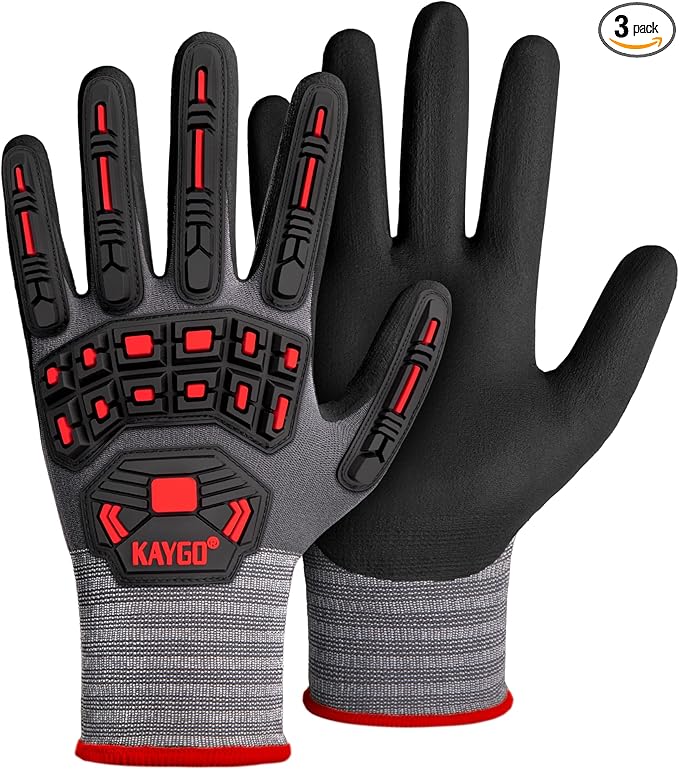 KAYGO Impact Reducing Work Gloves for Men,3 Pairs KG18N TPR Safety Work Gloves MicroFoam Nitrile Coated, Seamless Knit Nylon, Ideal for General Purpose,XL
