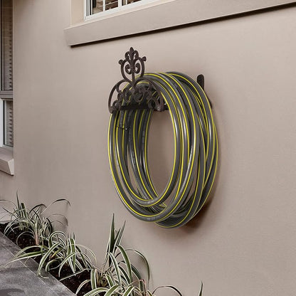 MyGift Brown Heavy Duty Cast Iron Outdoor Garden Hose Hanger Wall Mounted Water Hose Holder Reel with Vintage Scrollwork Design