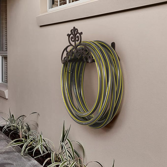 MyGift Brown Heavy Duty Cast Iron Outdoor Garden Hose Hanger Wall Mounted Water Hose Holder Reel with Vintage Scrollwork Design