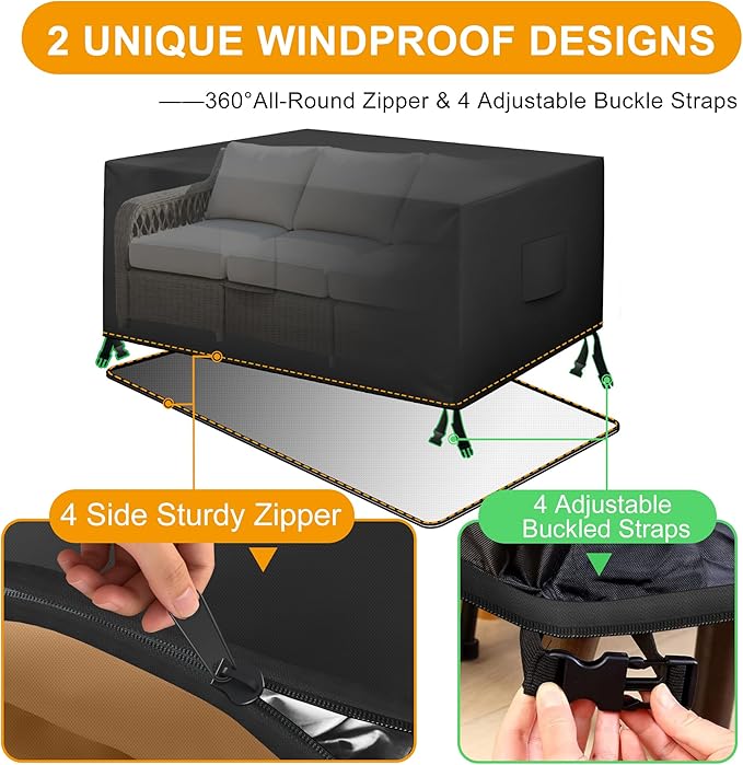 HDCAXKJ Patio Furniture Covers Waterproof Outdoor Couch Cover with Bottom Zipper Seal Heavy Duty Lawn Patio Sofa Cover Chair Loveseat Sectional Set Sofa Protector (Black & Brown, 93" Lx42 Wx35 H